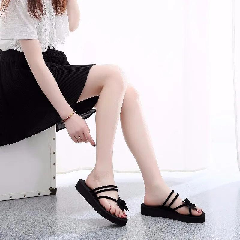 High Heeled Thick Sole Slippers Women's Flip-flops Summer Beach Anti Slip Fashion Outwear Sandals Simple and Casual Style