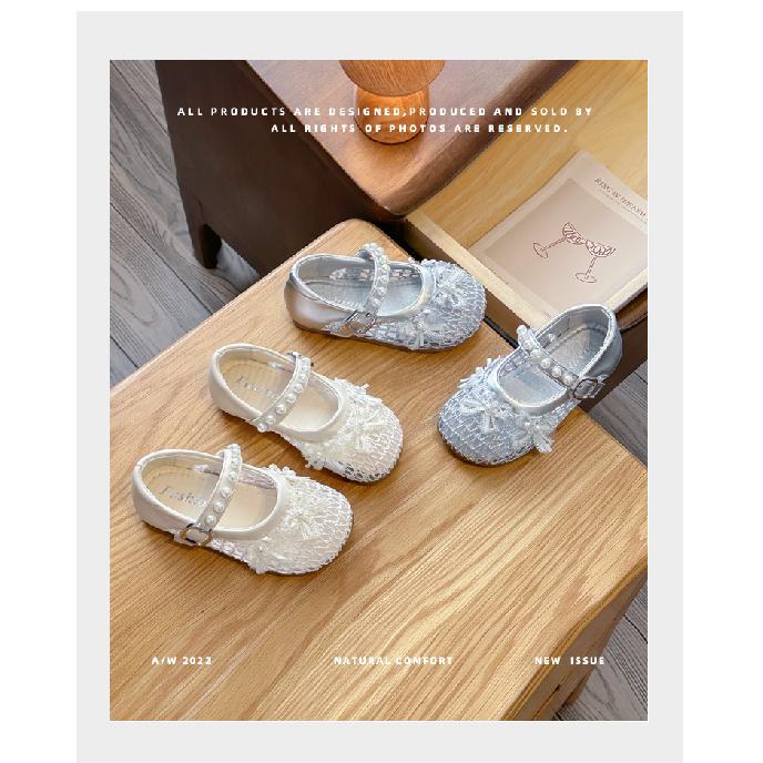 Girls' Solid Color Mesh Sandals2026New Spring and Summer Pearl Flower Bow Princess Shoes for Performances