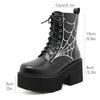 Gdgydh Women Punk Boots PU Leather Embroidered Spider Web Design Shoes Cool Retro Chunky Wedges Platform Boots Lace Up