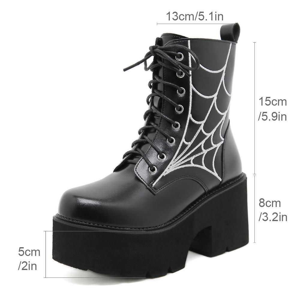 Gdgydh Women Punk Boots PU Leather Embroidered Spider Web Design Shoes Cool Retro Chunky Wedges Platform Boots Lace Up