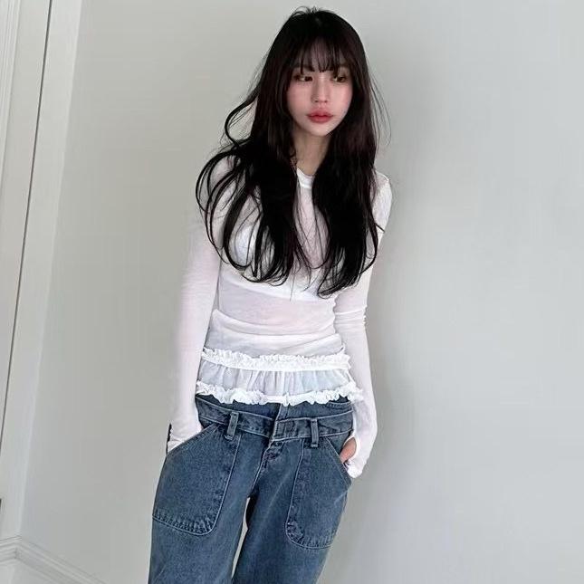 Korean Style 2026 Spring/Autumn Lace Trim Sheer Long Sleeve Women's Top