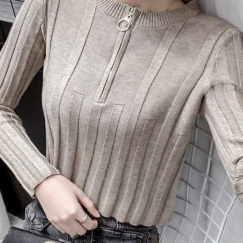 Women Spring Slim Knitwear Tops Casual Collar Long Sleeve Pullover Female Stripe Patchwork Shirt Knitted Sweater