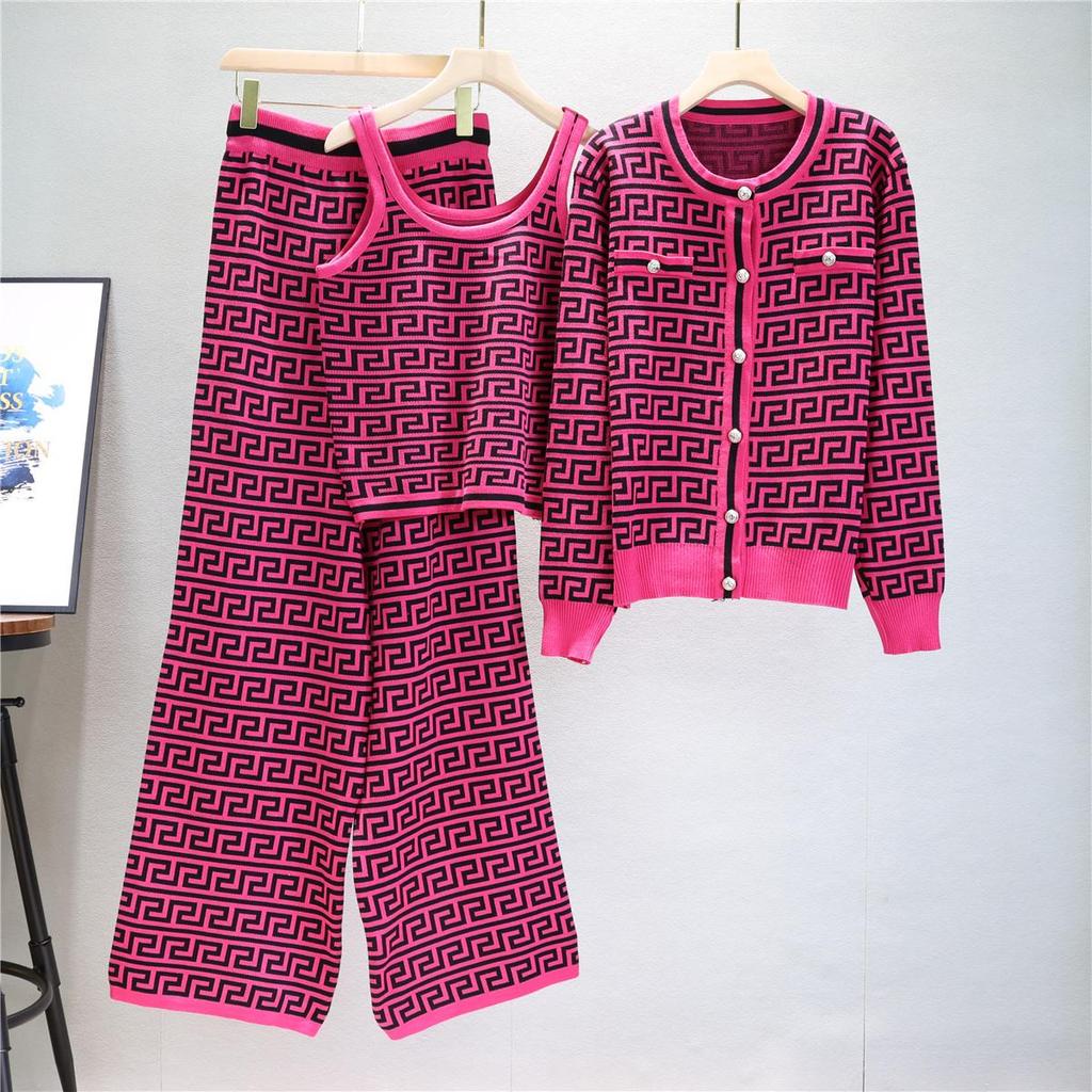 Women's Autumn/Winter Jacquard Knit Cardigan, Vest, and Wide-Leg Pants Set