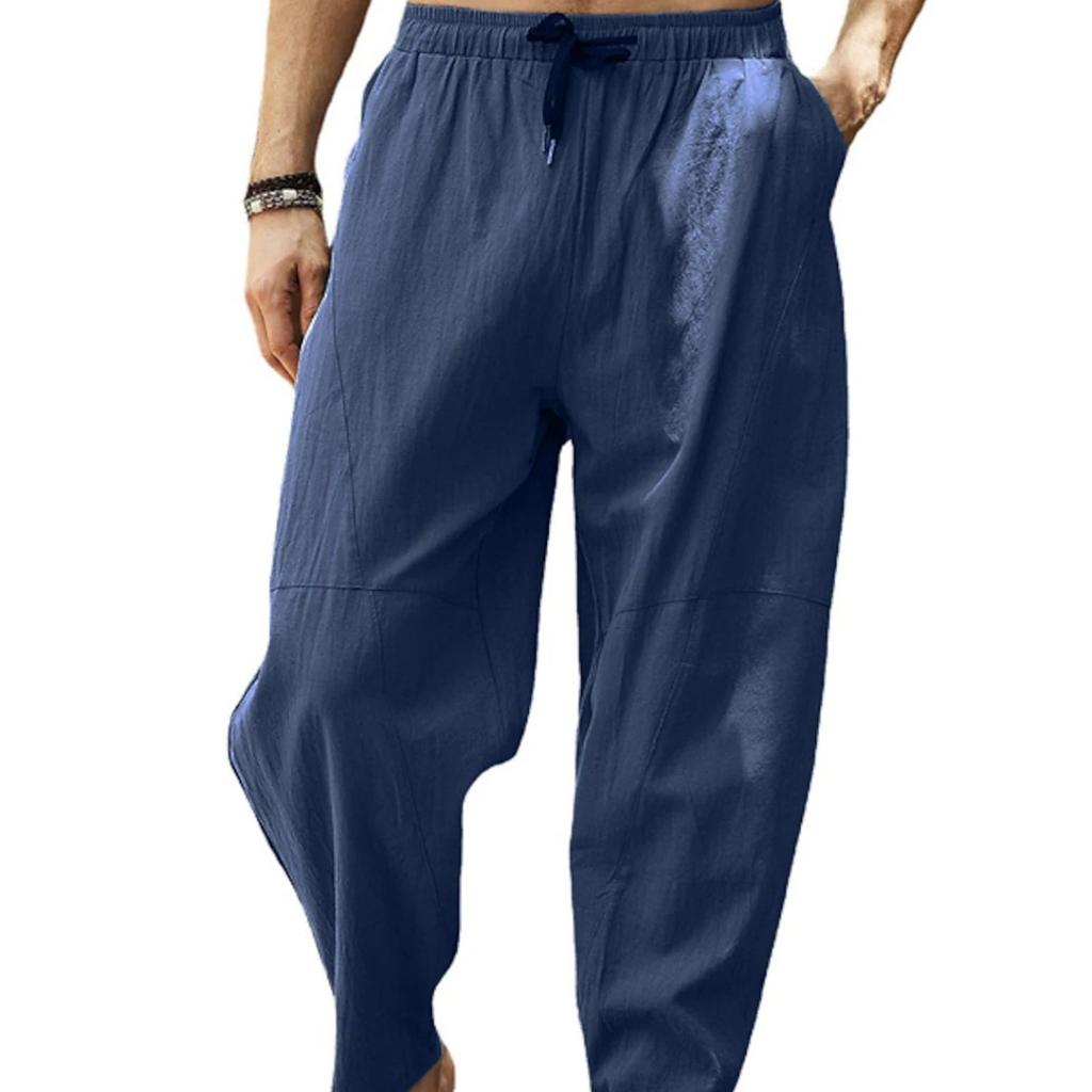Herren-Baumwoll-Leinen-Baggy-lange Hose, weites Bein, elastische Taille, lockere Haremshose