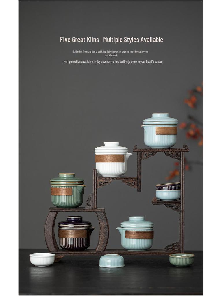 Five Great Kilns Portable Travel Tea Set: One Pot and Two Ceramic Cups Souvenir Gift