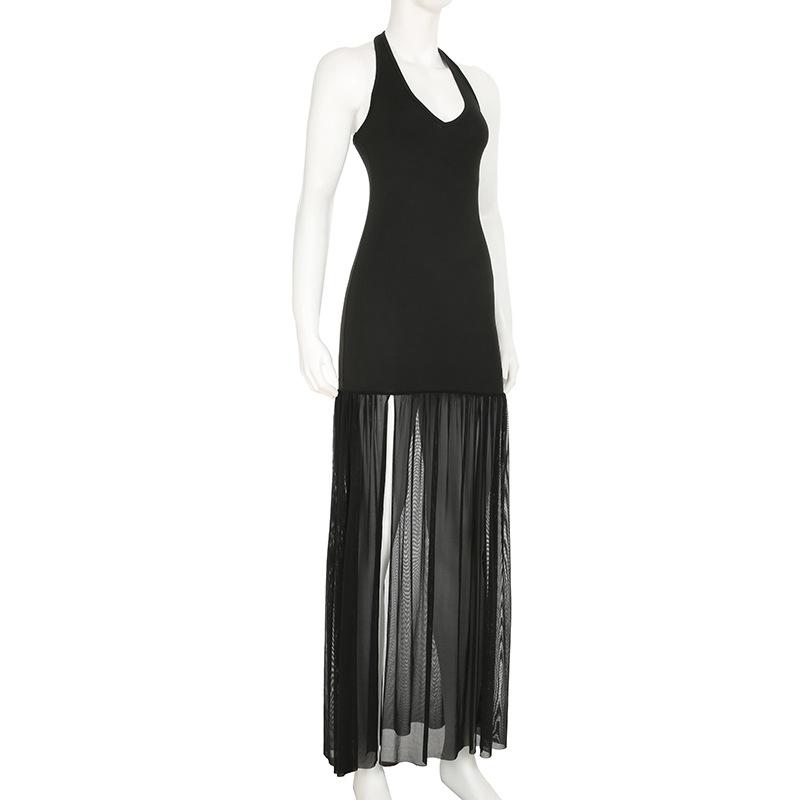 Women's Temperament Wind Neck Strap Mesh Splicing Hot Girl Sexy Backless Split Waist Thin Dresses