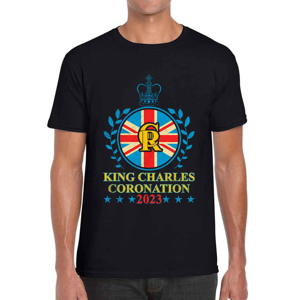 King Charles III Coronation 2023 Union Jack CR III Ruling Monarch Of England Great Britain Mens Tee Top 4XL