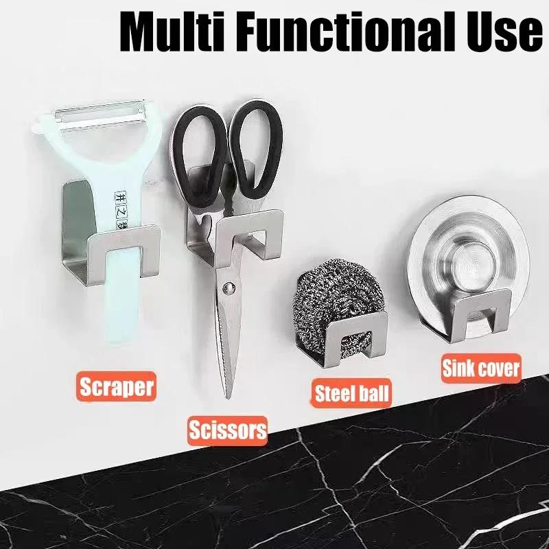Metal Self Adhesive Hook Sink Sponge Storage Holder Kitchen Holder Stainless Steel Sink Lid Dish Rack Kitchen Wire Rag Organizer Cup Holders 5