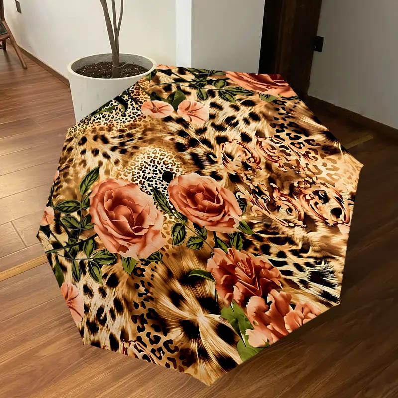 1 Stück Leopardenmuster Blumen Schirm - 8 Rippen verstärkt Tragbar Faltbar Reise Geeignet für alle Jahreszeiten Outdoor Tägliche Nutzung -J0417