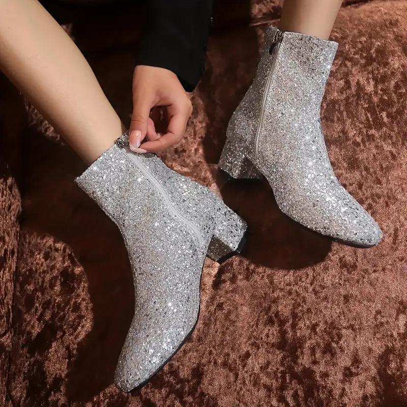 Dámské módní boty s flitry ve velkých velikostech, podzim a zima 2025, nové módní martensky, módní krátké boty na silném podpatku
