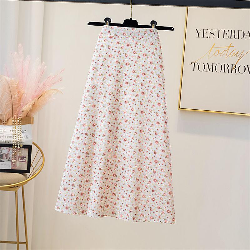 Falda Midi Floral para Mujer en Verano Falda de Cintura Alta en Forma de A Moda Falda de Gasa Versátil