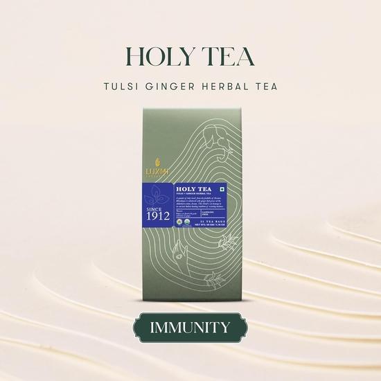 Luxmi Estates Holy Tea 25 Tea Bags (50g) Pack | Certified Organic Tulsi Tea|Decaffeinated|Immunity Booster|Digestion|Herbal Calming Chai
