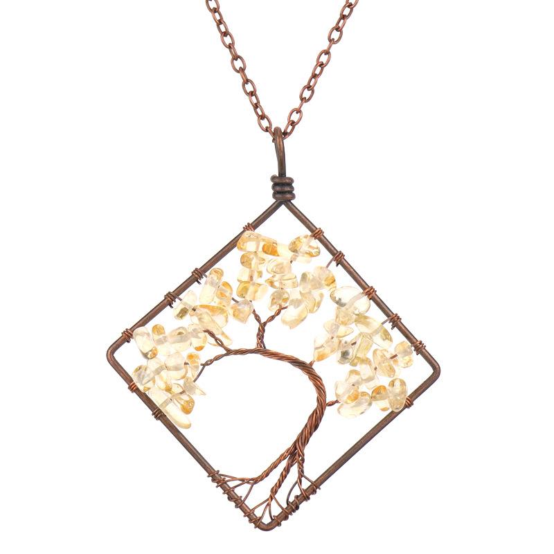 Vintage Hand-Wound Natural Gravel Crystal Square Curved Tree Of Life Necklace N07