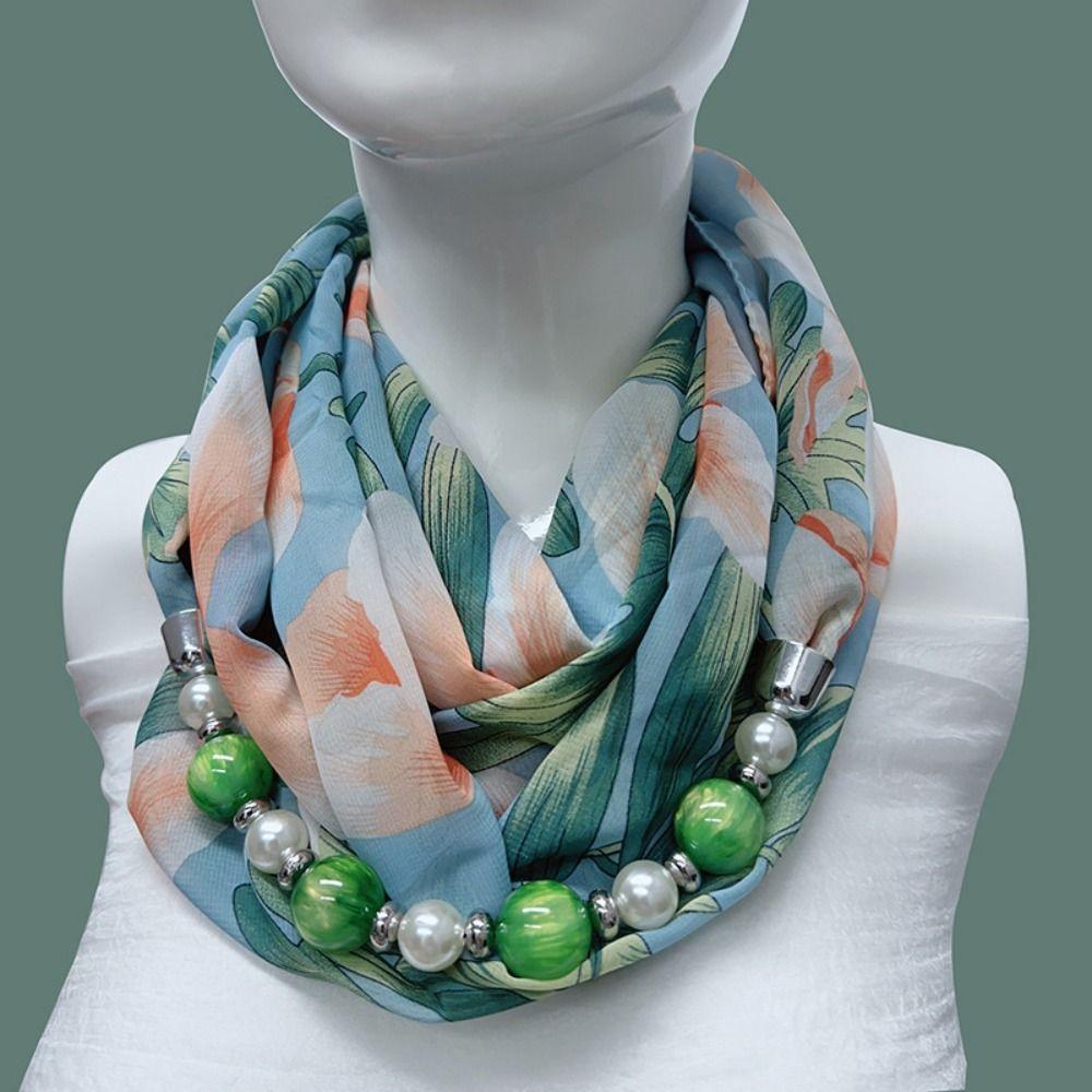 Chiffon Material Gradient Shawl Pearl Bead Chain Beach Scarf Light Luxury Scarf  Women's