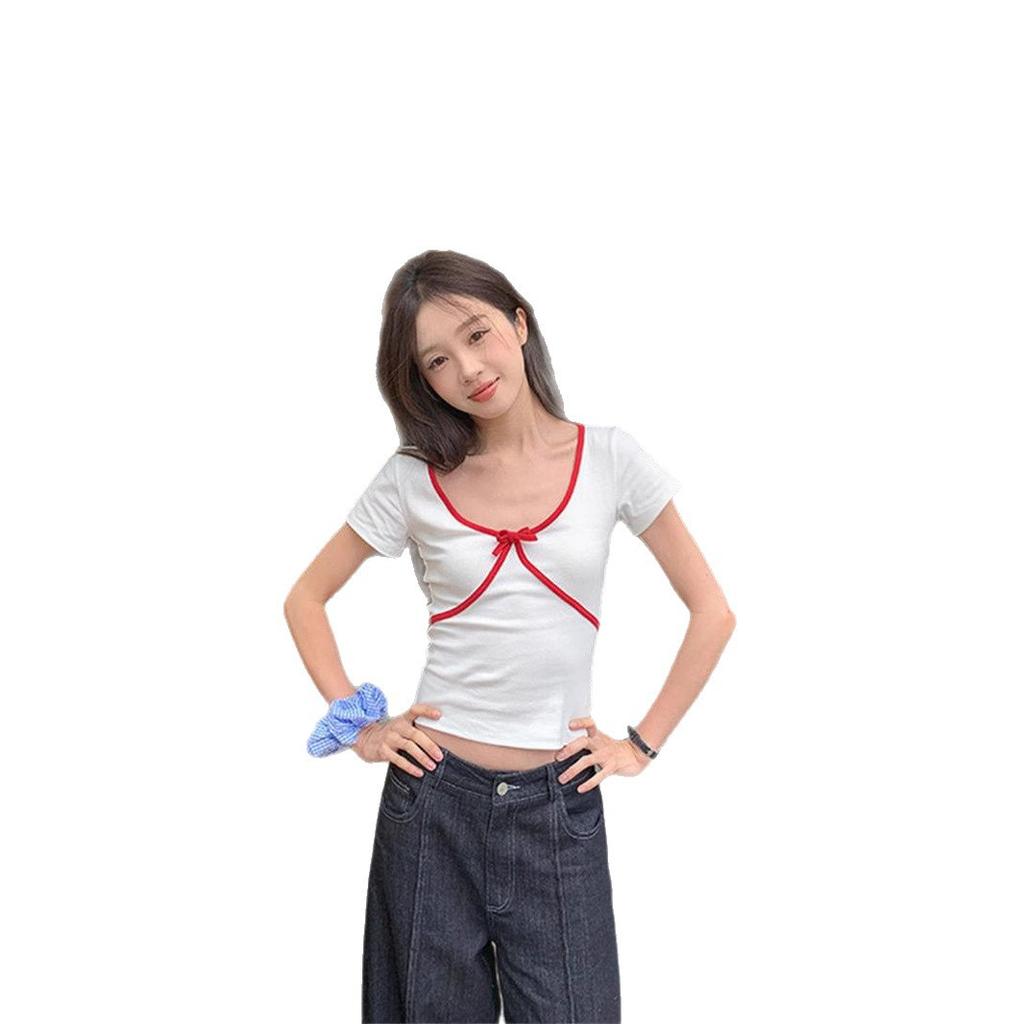 Short-sleeved T-shirt Women's Summer New Spice Girl Slim and Thin Red Bow Student V-neck Short Top Trendy