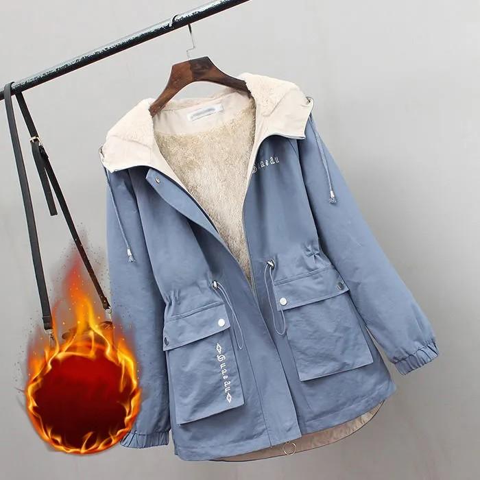 Women's Autumn Winter Thickened Fleece Lined Warm Coat Student Workwear Windbreaker Jacket