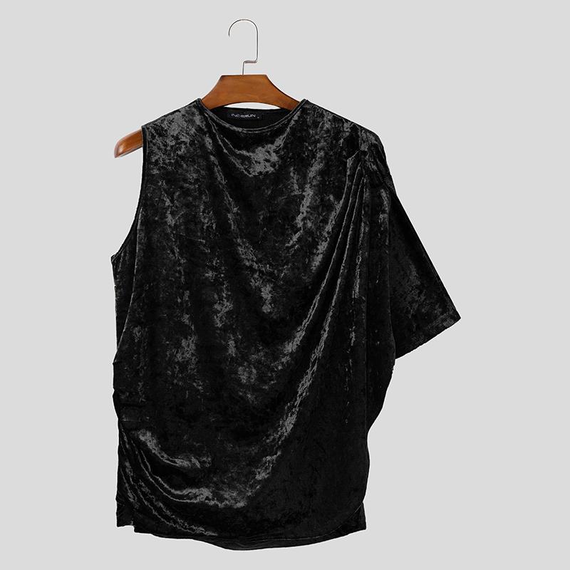 

INCERUN Мужские топы на одно плечо с открытой спиной из бархата с блестками и оборками, повседневные футболки 5XL чёрный