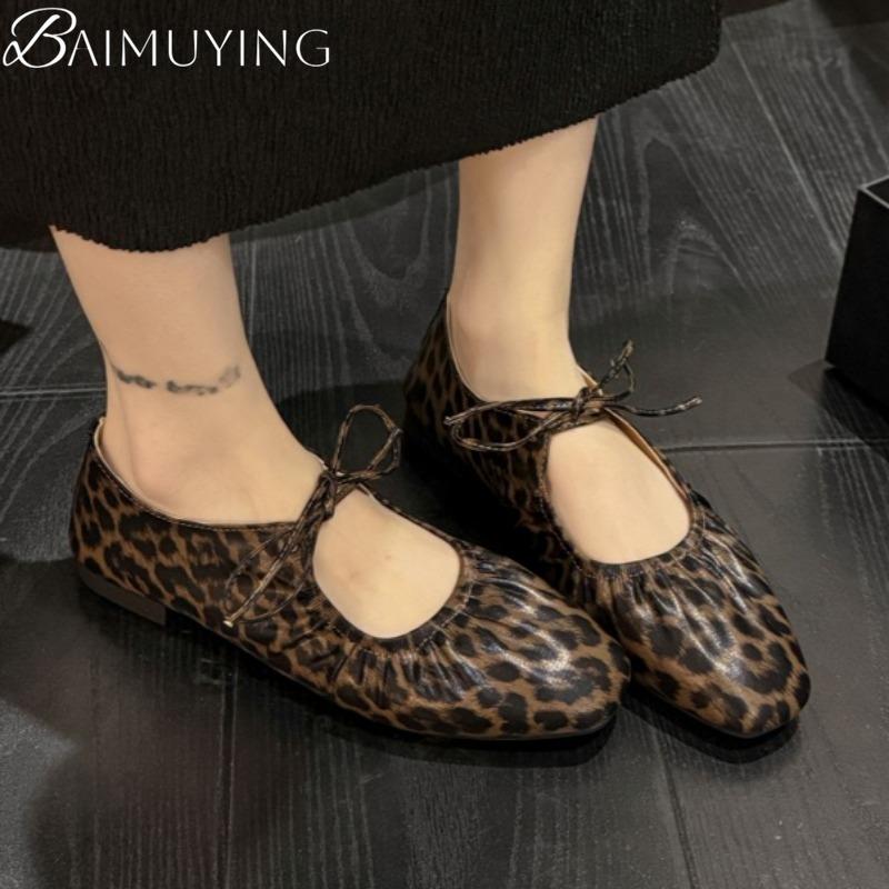 Leopard Square Toe Women Flat Sandals Marie Janes Shoes Woman Summer 2025 Trend Elegant Dress Comfort Soft Leather Zapatillas