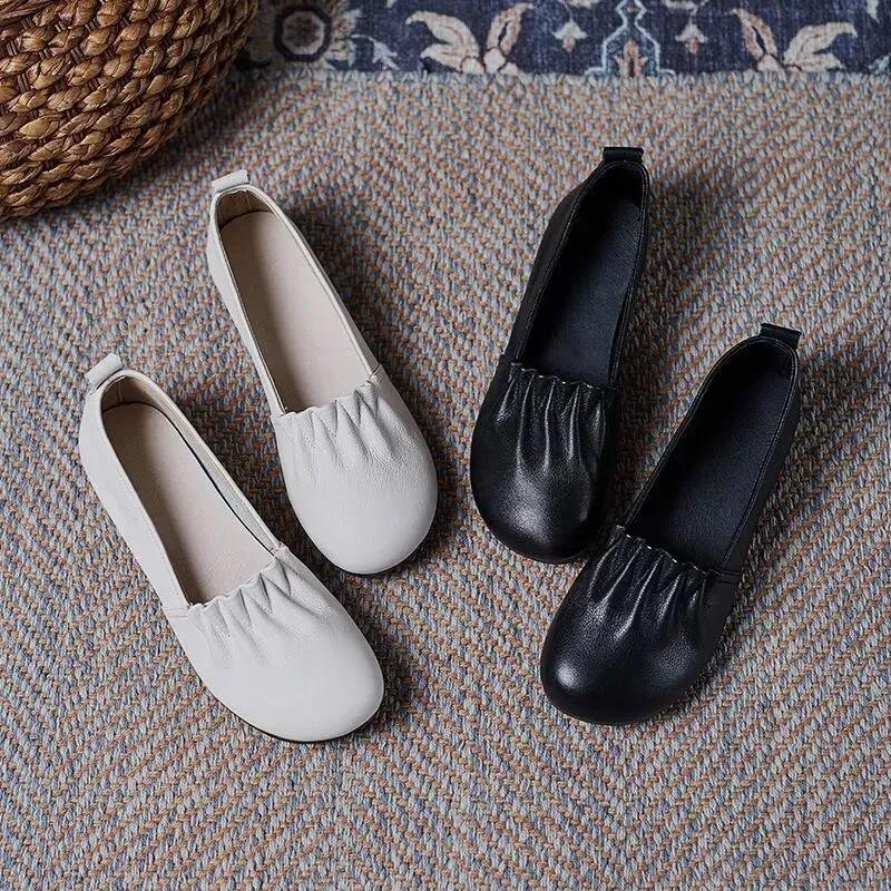 Fashion Women Flats Casual Loafers Autumn 2024 Shallow Mouth Shoes Fashion Slip On Ladies Leather Classic Round Toe Casual Walking Shoes