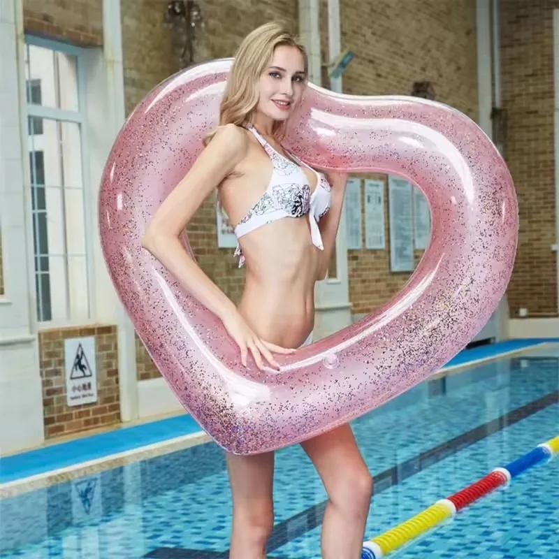 Large Heart Inflatable Toys Swimming Ring with Sequin Summer Pool Beach Party Photograph Inflatable Water Toys Circle