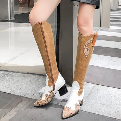 New  Hot Women Snake Print Western Cowgirl Boots Female Pu Leather Patchwork Cowboy Woman Zip High Heel Long Bota Size 44 47