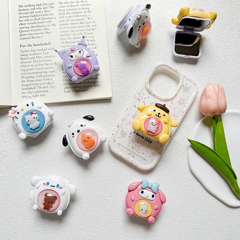 Cartoon Cute Mobile Phone Airbag Holder Puppy Flip Mirror Cat Makeup Mirror Portable Style Niche