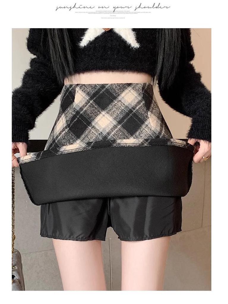 Women's Retro Red Plaid Wool Skirt - High-Waisted A-Line for Autumn/Winter 2024, Anti-Exposure
