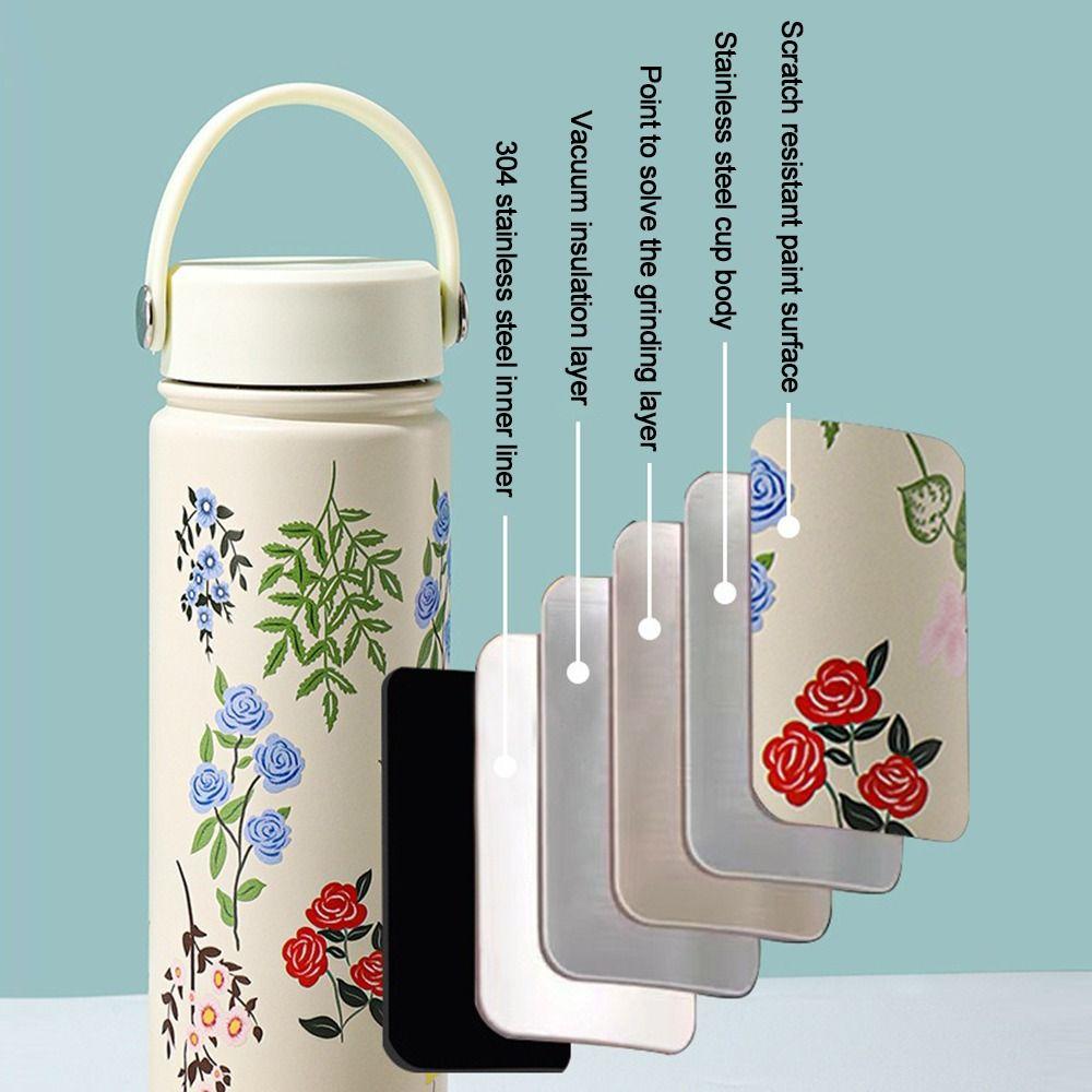 Stainless Steel Water Bottle Flower Printed Coffee Mug Vacuum Handy Cup  Outdoor Travel Office
