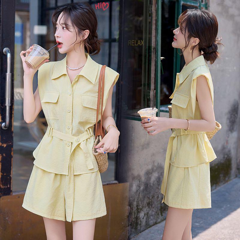 

Women s Chic Sleeveless Jumpsuit Set - Summer Lace-up Waist Shorts, Age-Reducing Two-Piece M (suggested 85-99 jin)