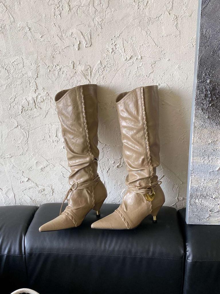 2025 autumn and winter new fashion niche string rope cone heel pointed western cowboy boots stacking boots boots long boots