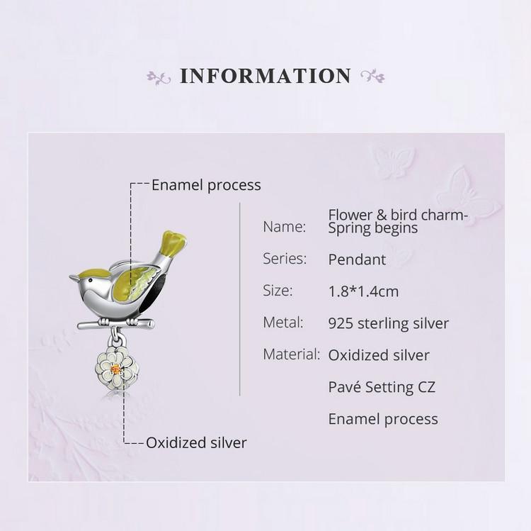 Bamoer Genuine 925 Sterling Silver Flower & Bird Charms Grain Rain Pendant Fit Women Snake Bracelet & Bangle Spring Jewelry Gift