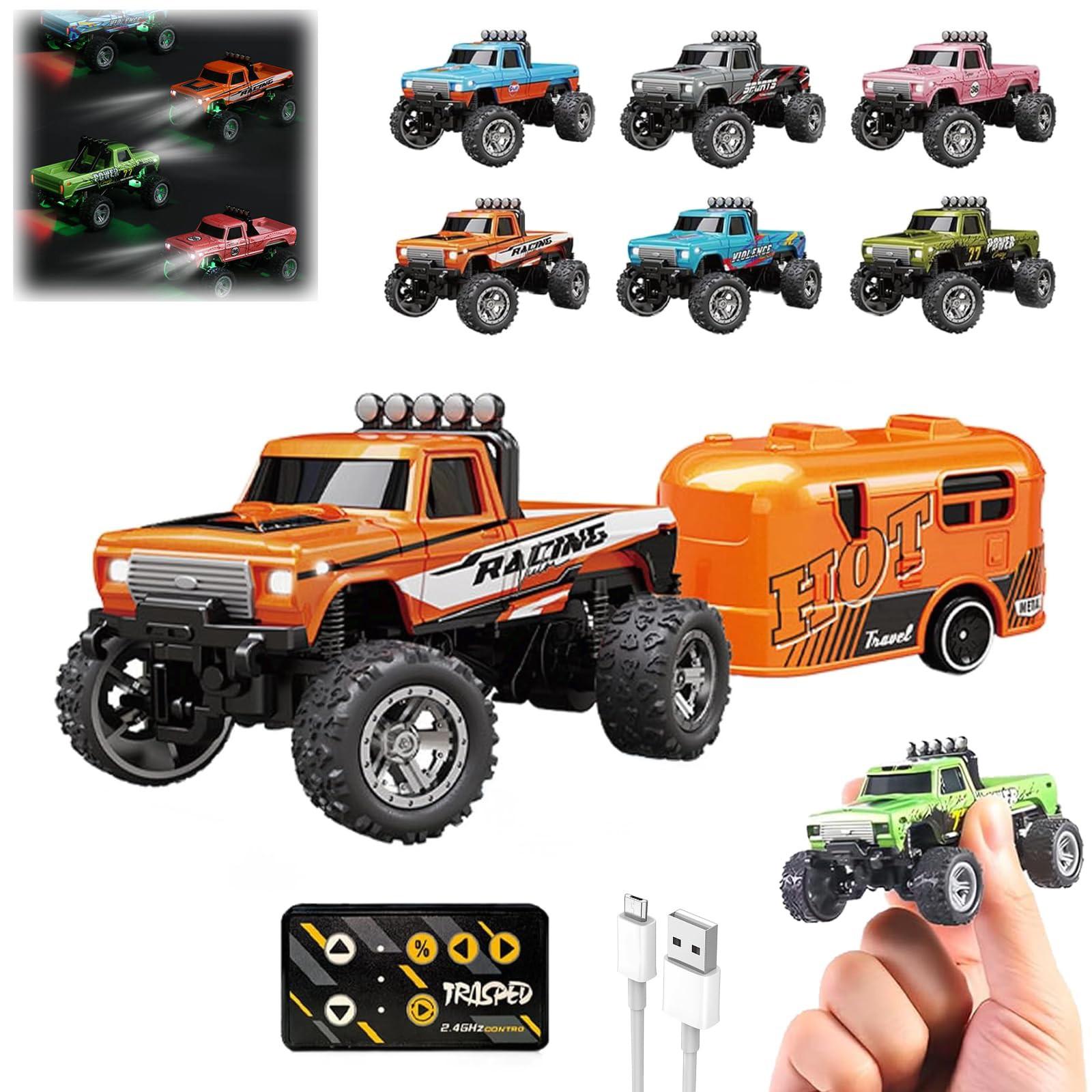 

RC Truck USB-C перезаряжаемый нижний уровень с прицепом, 1:64 масштаба грузовик с дистанционным управлением автомобиль с фарами, 2.4Ghz пульт дистанционного управления One Size оранжевый