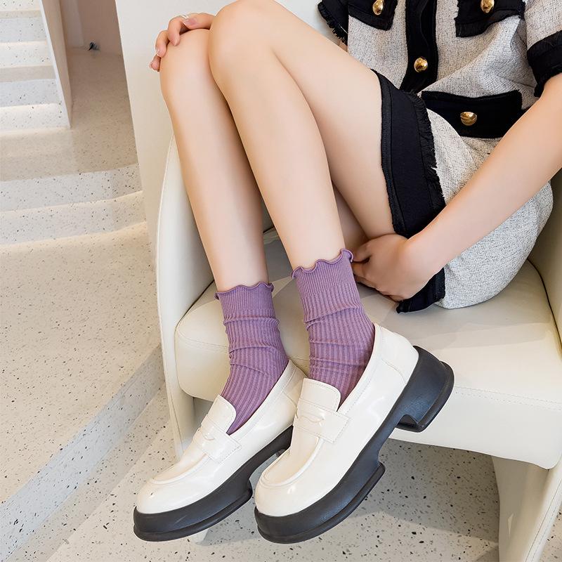 

Женские весенне-осенние однотонные хлопковые носки с кружевом в рубчик 1 pair фиолетовый