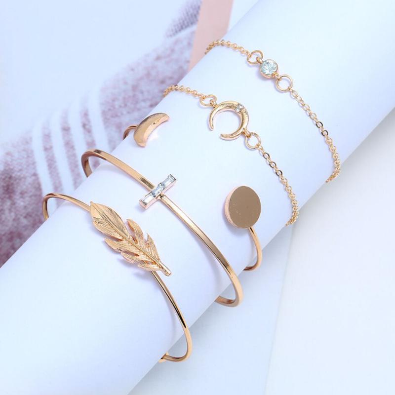 Versatile Geometric Rhinestone Crescent Feather Bracelet Set (5 Pieces)