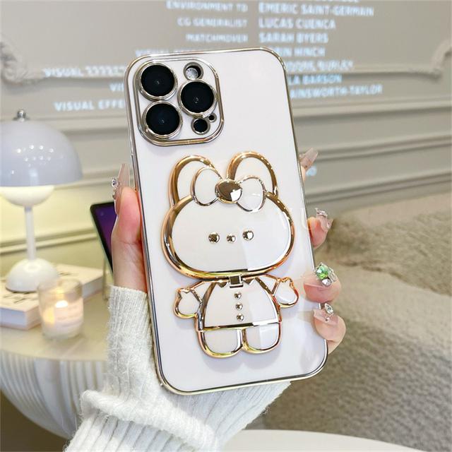 Lovely Rabbit Makeup Mirror Bracket Holder Plating Phone Case For Iphone 13 14pro 12 11pro Max X Xr Xs Protective Phone Holder