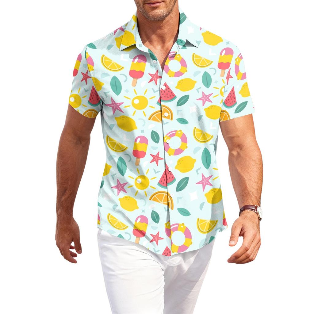 Men's Casual Loose Fit Short Sleeve Hawaiian Shirt Button Down Lightweight Summer Beach Shirt with Shark Print Design