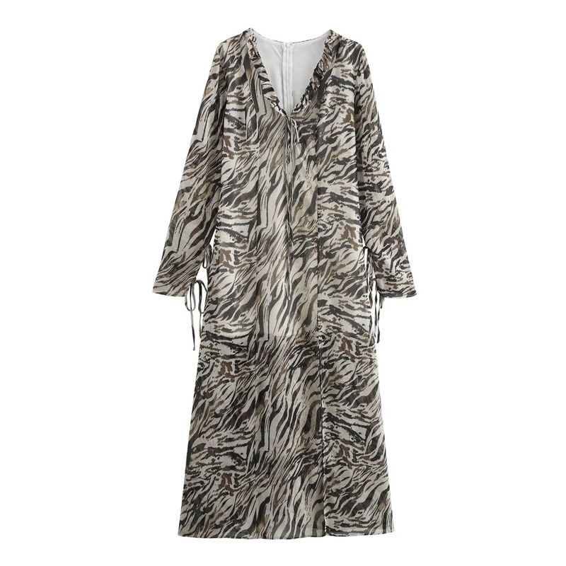 

Kaslead New Arrival Women s Clothing Fashion Style Fashion Loose Animal Pattern V-neck Ruffled Long Sleeves Dress Image color L