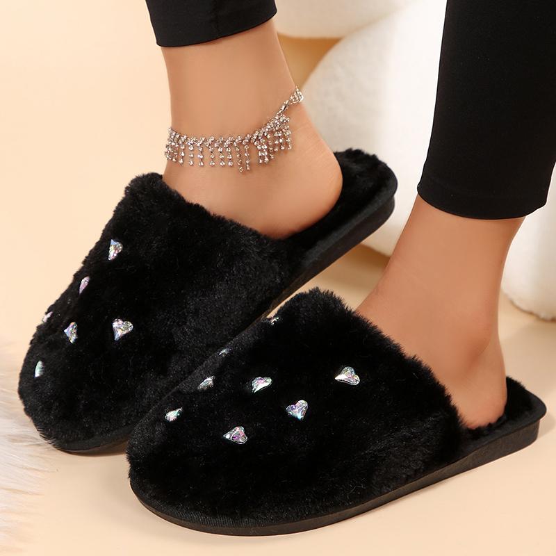 Fashion Fashion Heart Crystal Detor Fur Slippers Women Indoor Slip On Warm Plush Slippers Woman Winter Non Slip Light Cotton Slides Lady