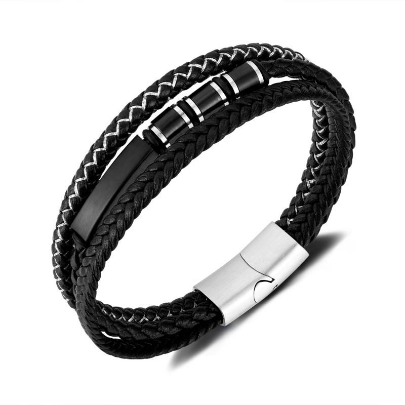 Hot Selling Personalized Retro Leather Bracelet With Stainless Steel Magnetic Buckle Fashionable Multi-layer Woven Men s