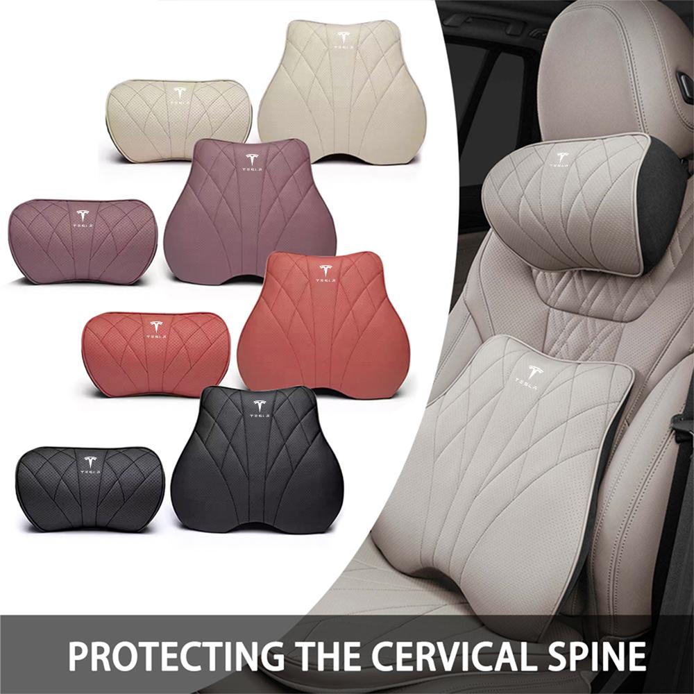 Car Leather Seat Headrest Lumbar Back Support Cushion Neck Pillow For Tesla Model 3 Model Y Model S X Cybertruck Roadster SpaceX