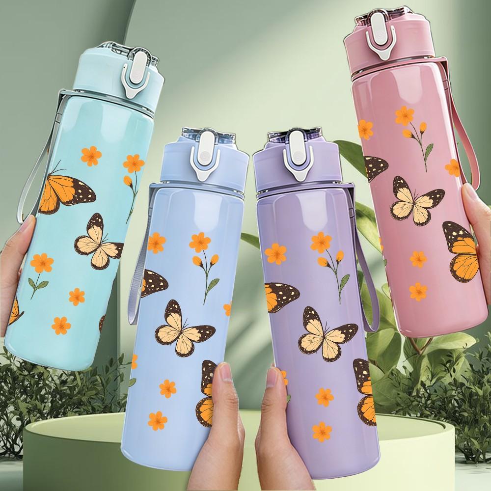 1PC Orange Butterfly Group Print 750ml Color Plastic Sports Water Bottle Leakproof Flip Straw Lid Suitable for Sports Office Home Use