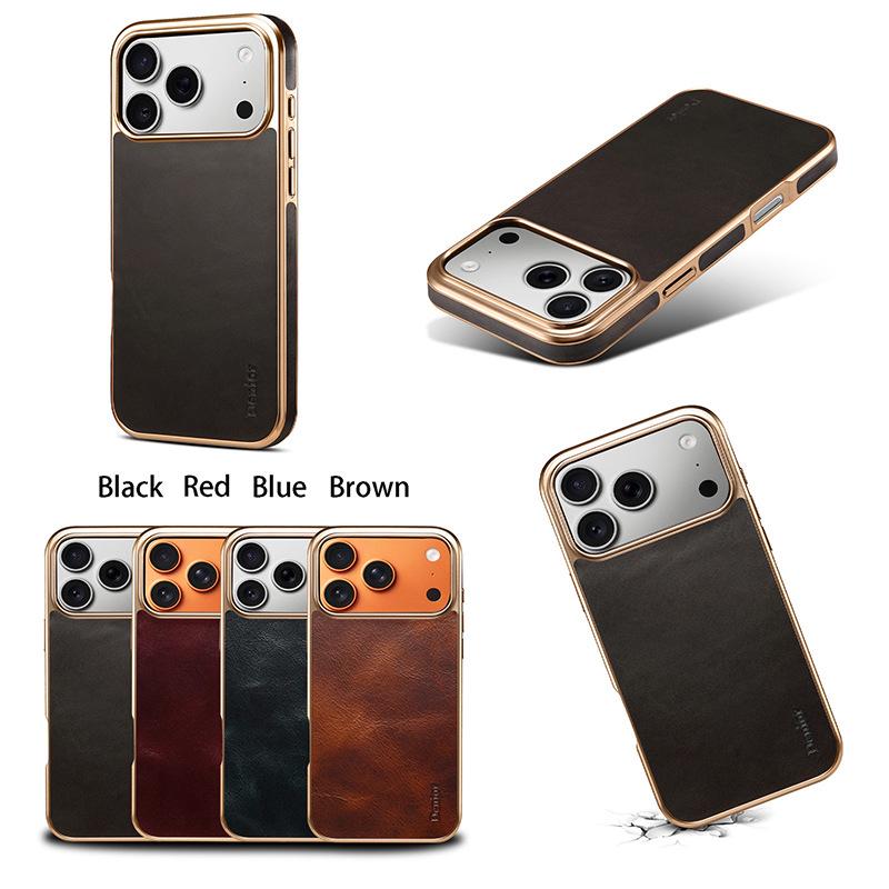 

Denior Genuine Leather Phone Case for iPhone 17 Pro Max - Premium Cowhide Electroplated Protective Cover iPhone 12 Pro Max чёрный