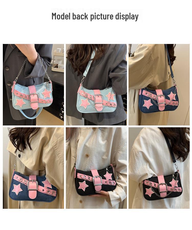 Modna jeansowa torebka na ramię z łańcuszkiem i nitami w kształcie gwiazdy dla kobiet - Jesień 2025