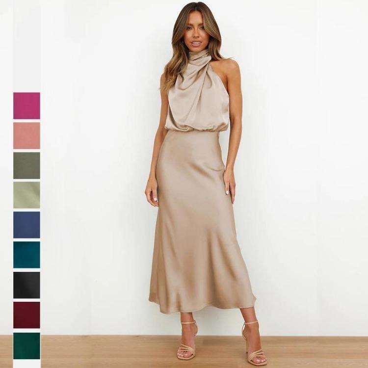 Elegant Women Summer Halter Sleeveless Long A-Line High Waist Solid Color Evening Dresses