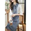 Casual Denim Dress Spring Simple Elegant Collar Contrast Stitching Drawstring Waist