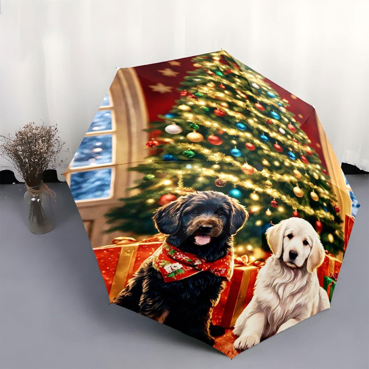 Open/Close Portable Folding Umbrella with Cute Labrador Retriever & Christmas Tree Design (Black/White Dogs, Red Scarf) - Comp (as the picture,Iron&8K)