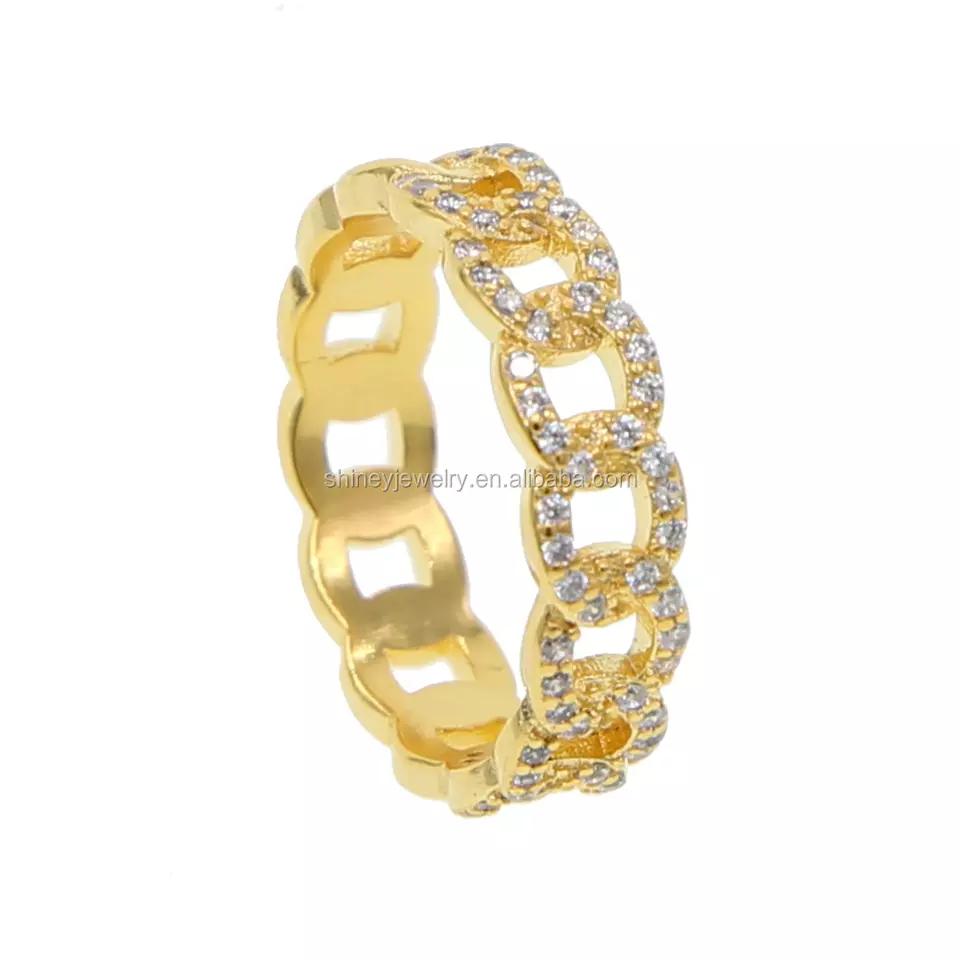 Fashion Jewelry Gold Plated Cuban Link Chain Design Chain Rings Pave Cz Simple Gold Ring Designs