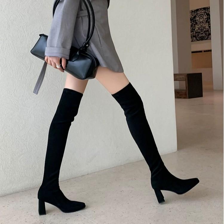 Black Khaki Over The Knee Boots Women s Thigh High Boot Elastic Autumn Winter Block Heels Tall Long Party Footwear Shoes Ladies 35 чёрный 3180₽