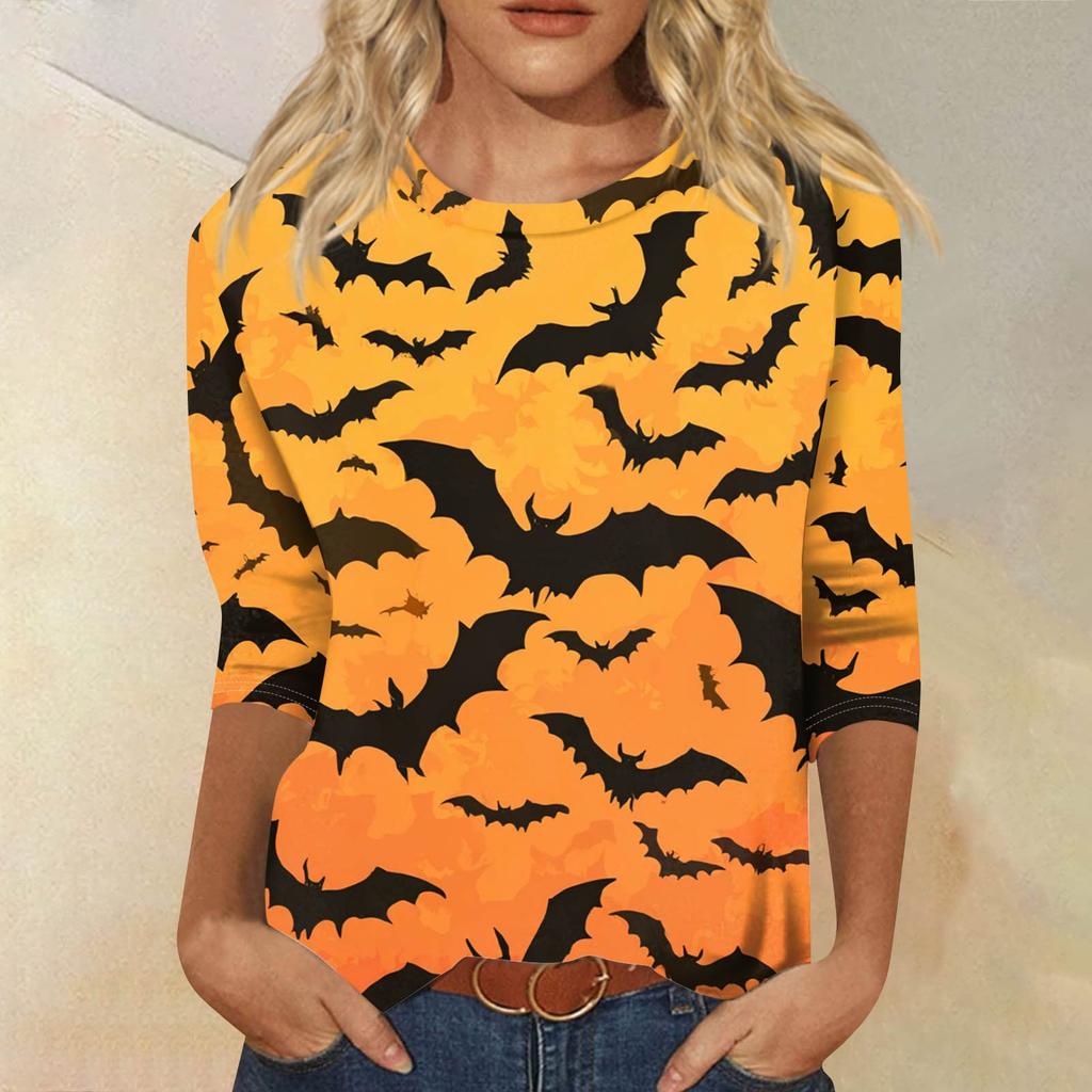 Modieuze casual damestop met driekwartmouwen en Halloweenprint, ronde hals.