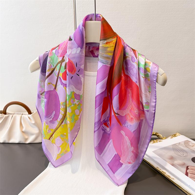 New Artistic Style Printed Imitation Silk Square Scarf Shawl Versatile High-end Feeling Neck Small Headscarf